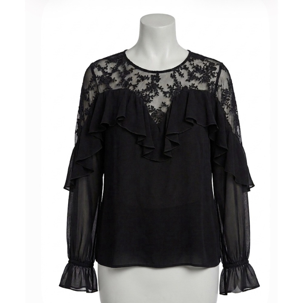 Love Johnny Was Black Lace Ruffle Blouse Top Women's Size Small Rayon Shirt